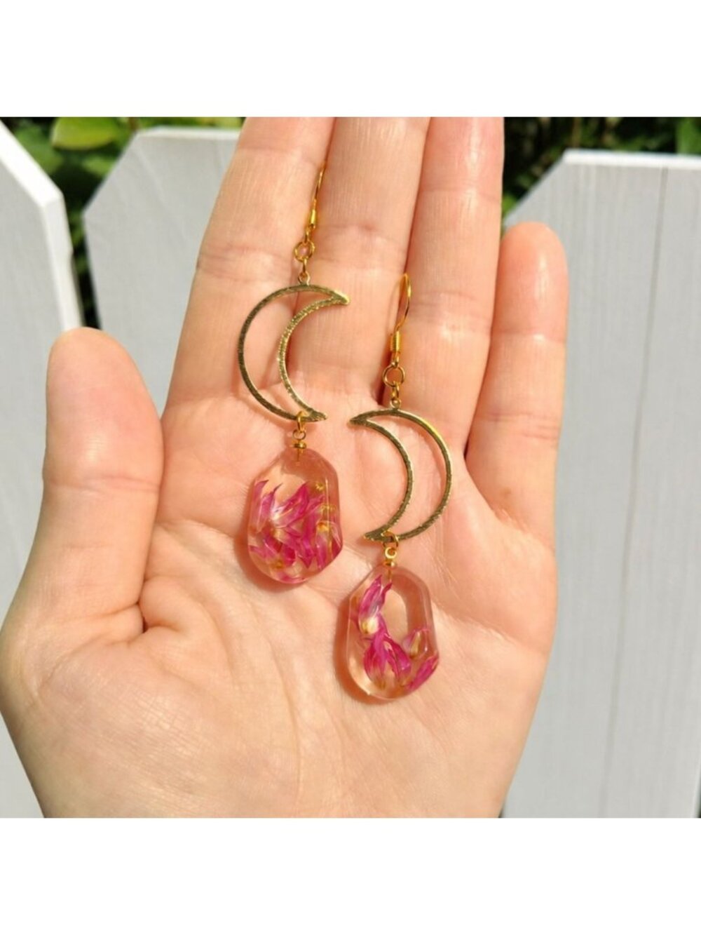 Pressed Flower Moon Earrings Crescent Moon Earrings Resin Flower Earrings